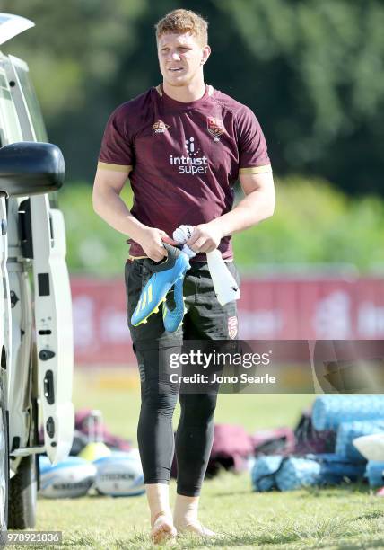 Dylan Napa looks on during a Queensland Maroons State of Origin training session at Sanctuary Cove on June 20, 2018 in Brisbane, Australia.