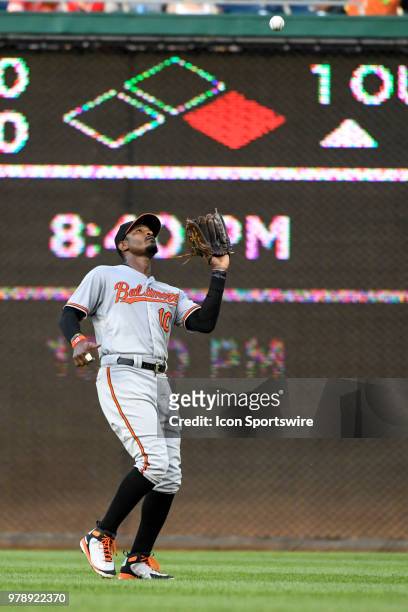 Baltimore Orioles center fielder Adam Jones makes a catch in the second inning during the game between the Baltimore Orioles and the Washington...