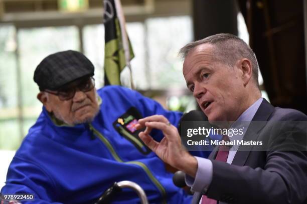 The Leader of the Opposition Bill Shorten, speaks with aged care resident Eddie Diaz during a visit to the Goodwin Village aged care facility on June...