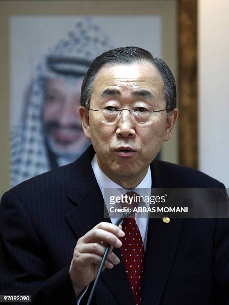 Secretary General Ban Ki-moon speaks during a joint press conference with Palestinian prime minister Salam Fayyad following their meeting in the West...