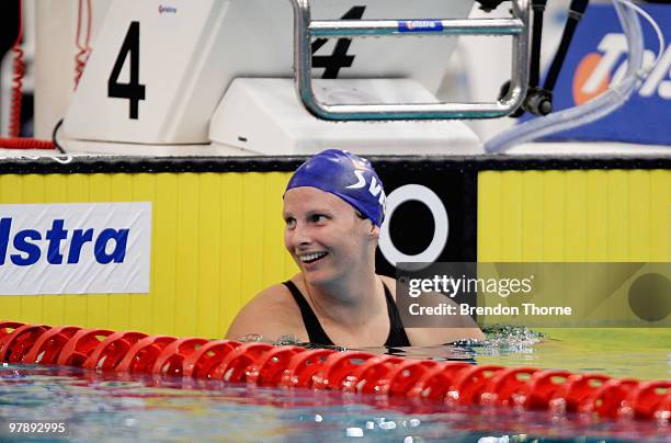 Leisel Jones of Victoria celebrates after winning the Womens 100m Breaststroke during day five of the 2010 Australian Swimming Championships at...