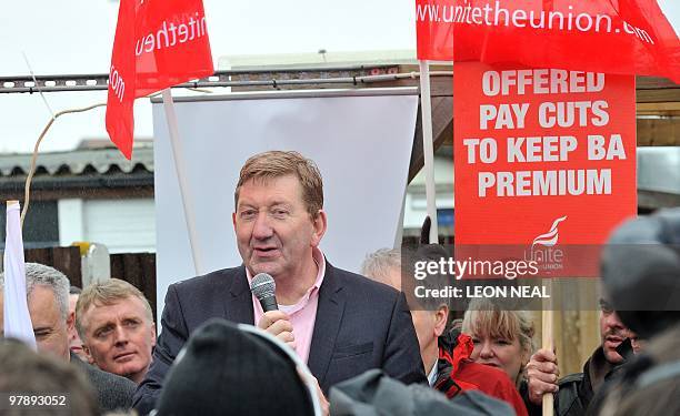 Unite union Assistant General Secretary Len McCluskey speaks to strike supporters at a really near terminal 4 at Heathrow airport near London on...