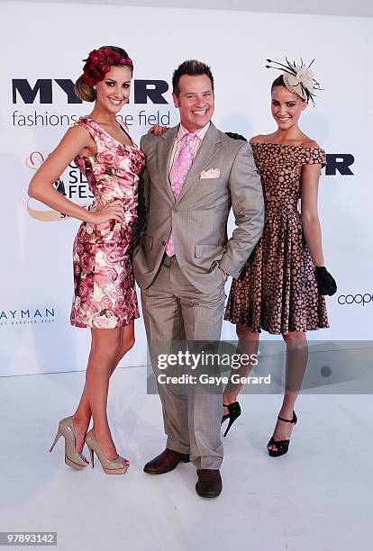 Laura Dundovic, Richard Reid and Rachael Finch attend Myer Ladies Day as part of the Golden Slipper Racing Carnival at Rosehill Gardens on March 20,...