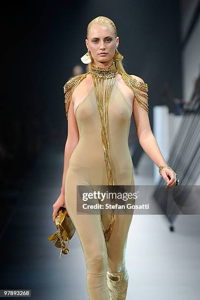 Model showcases designs on the catwalk by House of Baulch as part of the LMFF Independent Runway on the final day of the 2010 L'Oreal Melbourne...