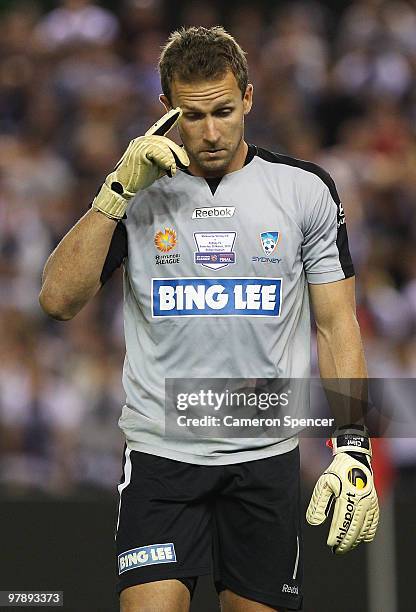 Sydney FC goalkeeper Clint Bolton focuses during the penalty shootout in extra time during the A-League Grand Final match between the Melbourne...