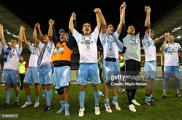 Sydney FC celebrate after the A-League Grand Final match between the Melbourne Victory and Sydney FC at Etihad Stadium on March 20, 2010 in...