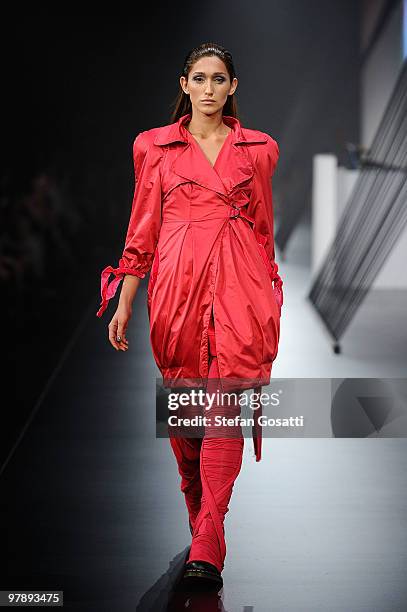 Model showcases designs on the catwalk by Fool as part of the LMFF Independent Runway on the final day of the 2010 L'Oreal Melbourne Fashion Festival...