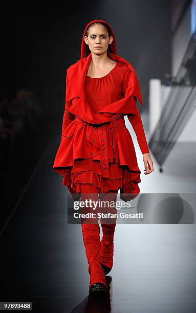 Model showcases designs on the catwalk by Fool as part of the LMFF Independent Runway on the final day of the 2010 L'Oreal Melbourne Fashion Festival...