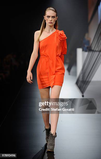 Model showcases designs on the catwalk by Magdalena Velevska as part of the LMFF Independent Runway on the final day of the 2010 L'Oreal Melbourne...