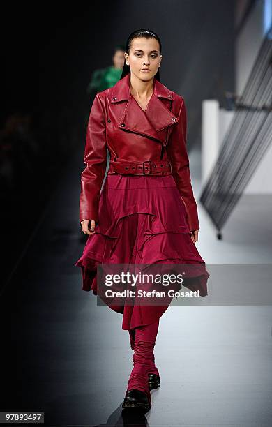 Model showcases designs on the catwalk by Fool as part of the LMFF Independent Runway on the final day of the 2010 L'Oreal Melbourne Fashion Festival...