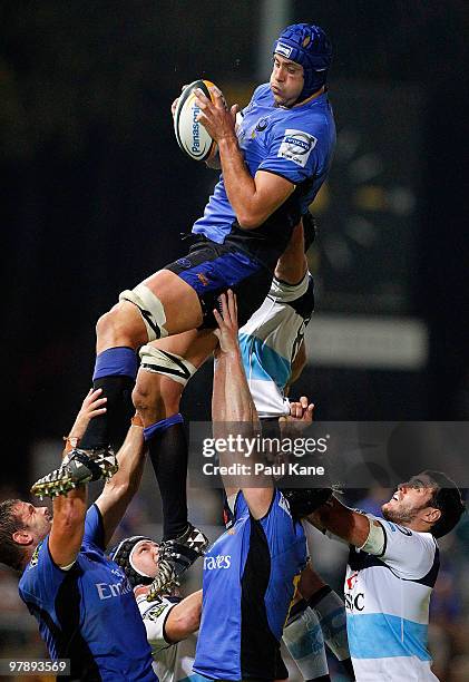 Nathan Sharpe of the Force wins a line-out during the round six Super 14 match between the Western Force and the Waratahs at ME Bank Stadium on March...