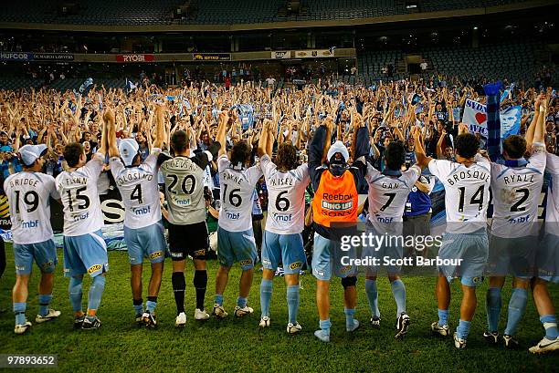 Sydney FC celebrate after the A-League Grand Final match between the Melbourne Victory and Sydney FC at Etihad Stadium on March 20, 2010 in...