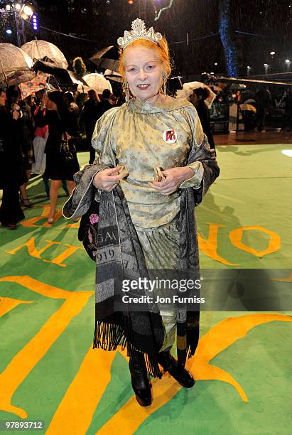 Fashion designer Vivienne Westwood attends the Royal World Premiere of Tim Burton's 'Alice In Wonderland' at the Odeon Leicester Square on February...