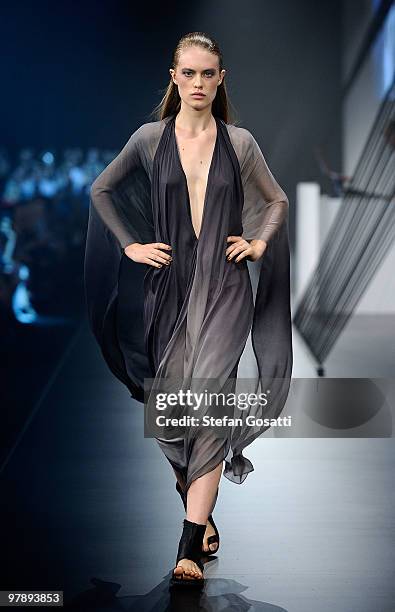 Model showcases designs on the catwalk by Alistair Trung as part of the LMFF Independent Runway on the final day of the 2010 L'Oreal Melbourne...