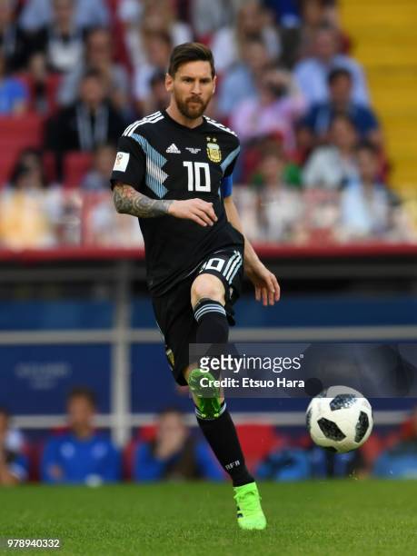 Lionel Messi of Argentina in action during the 2018 FIFA World Cup Russia group D match between Argentina and Iceland at Spartak Stadium on June 16,...