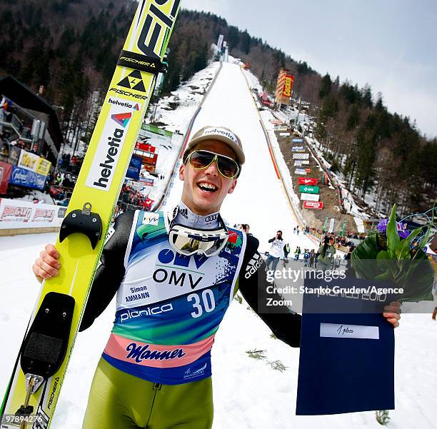 Simon Ammann of Switzerland takes the Gold Medal during the FIS Ski Flying World Championships, Day 2 HS215 on March 20, 2010 in Planica, Slovenia.