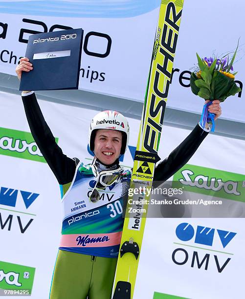 Simon Ammann of Switzerland takes the Gold Medal during the FIS Ski Flying World Championships, Day 2 HS215 on March 20, 2010 in Planica, Slovenia.