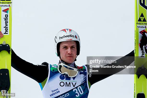 Simon Ammann of Switzerland takes the Gold Medal during the FIS Ski Flying World Championships, Day 2 HS215 on March 20, 2010 in Planica, Slovenia.