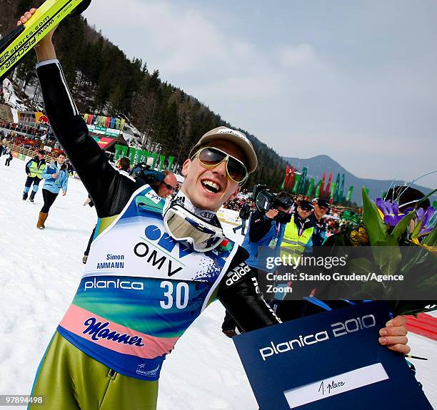 Simon Ammann of Switzerland takes the Gold Medal during the FIS Ski Flying World Championships, Day 2 HS215 on March 20, 2010 in Planica, Slovenia.