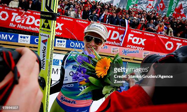 Simon Ammann of Switzerland takes the Gold Medal during the FIS Ski Flying World Championships, Day 2 HS215 on March 20, 2010 in Planica, Slovenia.