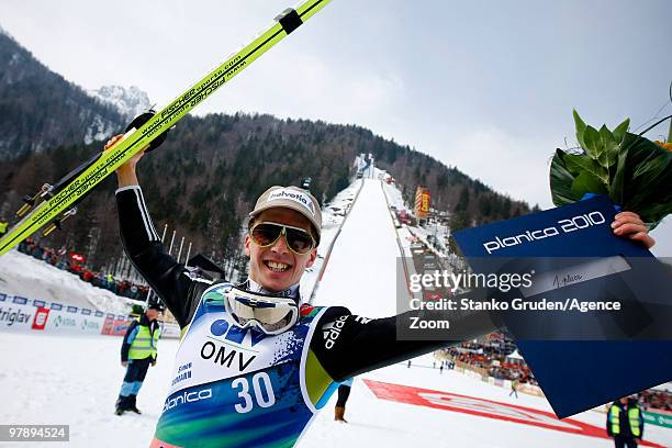 Simon Ammann of Switzerland takes the Gold Medal during the FIS Ski Flying World Championships, Day 2 HS215 on March 20, 2010 in Planica, Slovenia.