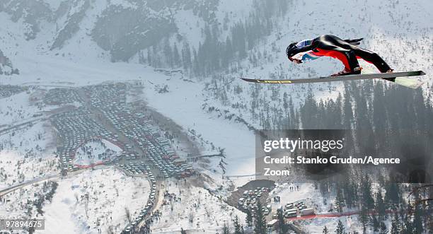 Robert Kranjec of Slovenia takes 5rd place during the FIS Ski Flying World Championships, Day 2 HS215 on March 20, 2010 in Planica, Slovenia.