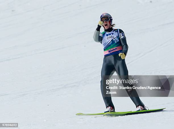 Gregor Schlierenzauer of Austria takes 2nd during the FIS Ski Flying World Championships, Day 2 HS215 on March 20, 2010 in Planica, Slovenia.