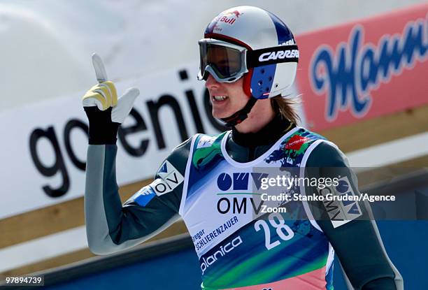 Gregor Schlierenzauer of Austria takes 2nd during the FIS Ski Flying World Championships, Day 2 HS215 on March 20, 2010 in Planica, Slovenia.