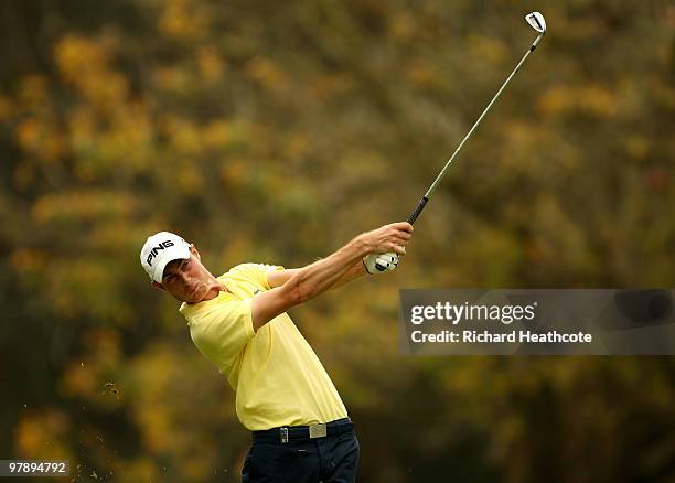 Rhys Davies of Wales plays into the 7th green during the third round of the Hassan II Golf Trophy at Royal Golf Dar Es Salam on March 20, 2010 in...