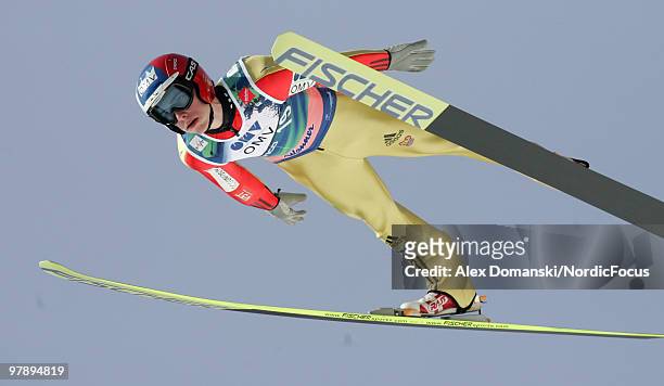 Antonin Hajek of Czech Republic soars through the air during the individual event of the Ski jumping World Championships on March 20, 2010 in...