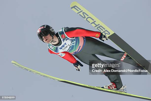 Anders Jacobsen of Norway soars through the air during the individual event of the Ski jumping World Championships on March 20, 2010 in Planica,...