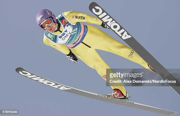 Martin Schmitt of Germany soars through the air during the individual event of the Ski jumping World Championships on March 20, 2010 in Planica,...
