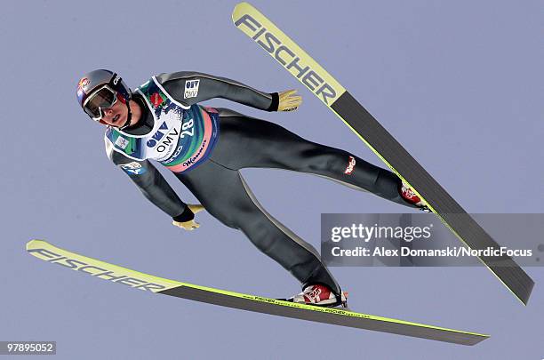 Gregor Schlierenzauer of Austria soars through the air during the individual event of the Ski jumping World Championships on March 20, 2010 in...