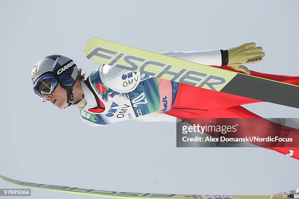 Thomas Morgenstern of Austria soars through the air during the individual event of the Ski jumping World Championships on March 20, 2010 in Planica,...