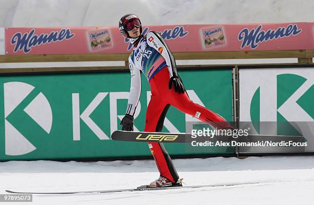 Robert Kranjec of Slovenia reacts after the final jump during the individual event of the Ski jumping World Championships on March 20, 2010 in...