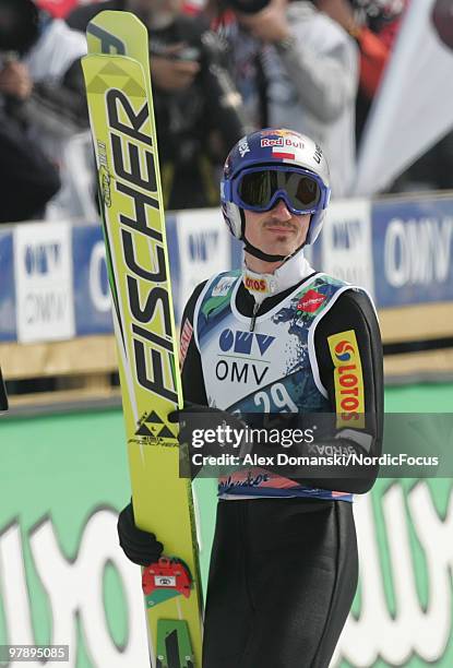 Adam Malysz of Poland reacts after the final jump during the individual event of the Ski jumping World Championships on March 20, 2010 in Planica,...