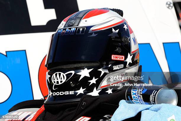 The helmet of Sam Hornish Jr. Sits on top of the Mobil 1 Dodge prior to practice for the NASCAR Sprint Cup Series Food City 500 at Bristol Motor...