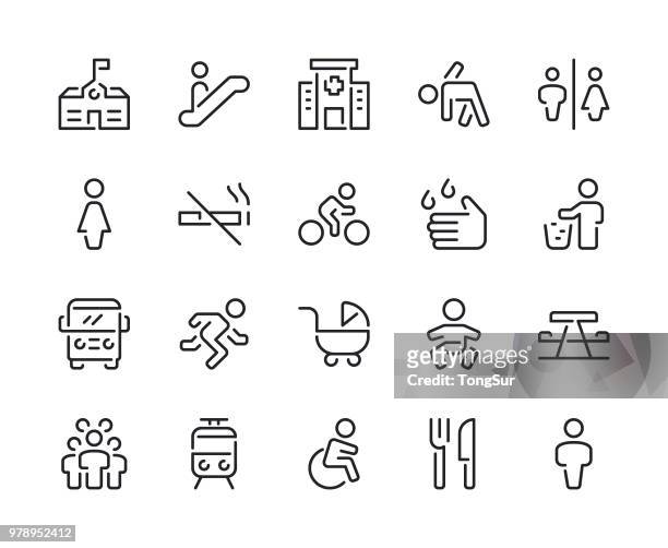 public space and urban life line icons - public restroom stock illustrations