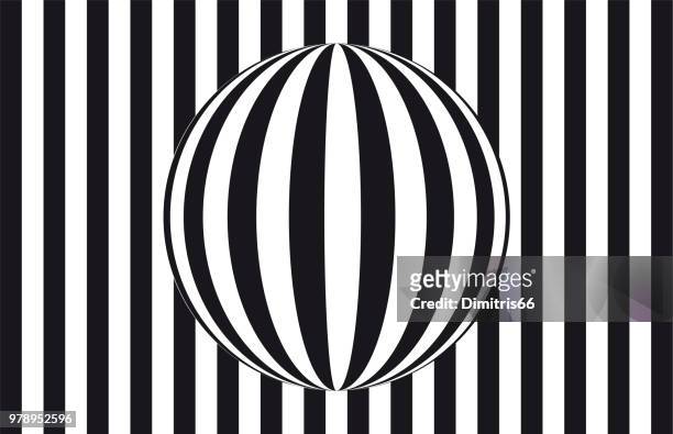abstract op art: sphere refracting parallel lines in front of a striped black and white background - op art stock illustrations