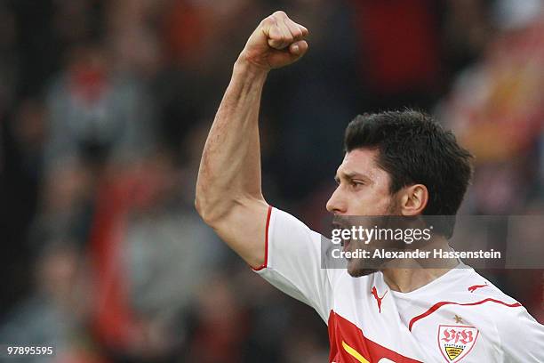 Ciprian Marica of Stuttgart celebrates after scoring his team's first goal during the Bundesliga match between VfB Stuttgart and Hannover 96 at...