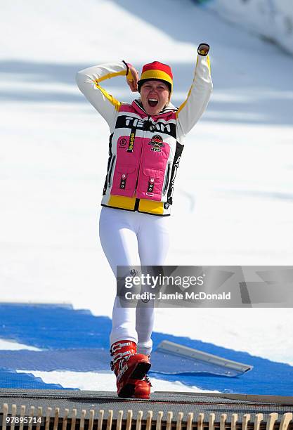 Bronze medalist Andrea Rothfuss of Germany celebrates at the medal ceremony for the Women's Standing Super-G during Day 8 of the 2010 Vancouver...