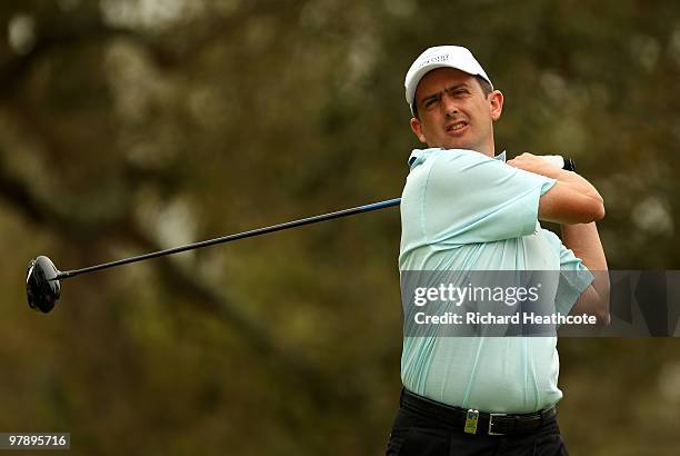 Peter Lawrie of Ireland tee's off at the 4th during the third round of the Hassan II Golf Trophy at Royal Golf Dar Es Salam on March 20, 2010 in...