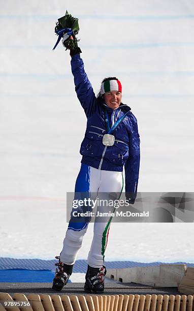 Silver medalist Melania Corradini of Italy celebrates at the medal ceremony for the Women's Standing Super-G during Day 8 of the 2010 Vancouver...