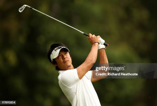 Azuma Yano of Japan plays into the 1st green during the third round of the Hassan II Golf Trophy at Royal Golf Dar Es Salam on March 20, 2010 in...