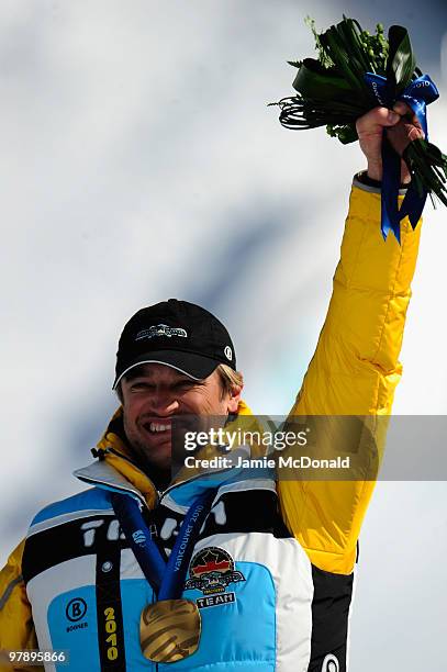 Gold medalist Gerd Schonfelder of Germany celebrates at the medal ceremony for the Men's Standing Super-G during Day 8 of the 2010 Vancouver Winter...