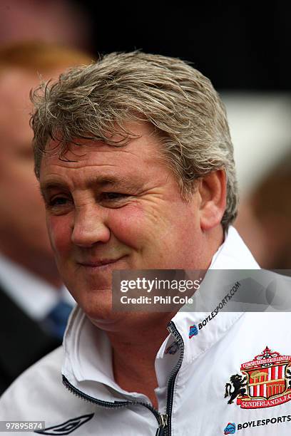 Steve Bruce Manager of Sunderland smiles during the Barclays Premier League match between Sunderland and Birmingham City at the Stadium of Light on...