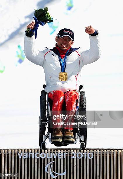 Gold medalist Akira Kano of Japan celebrates at the medal ceremony for the Men's Sitting Super-G during Day 8 of the 2010 Vancouver Winter...