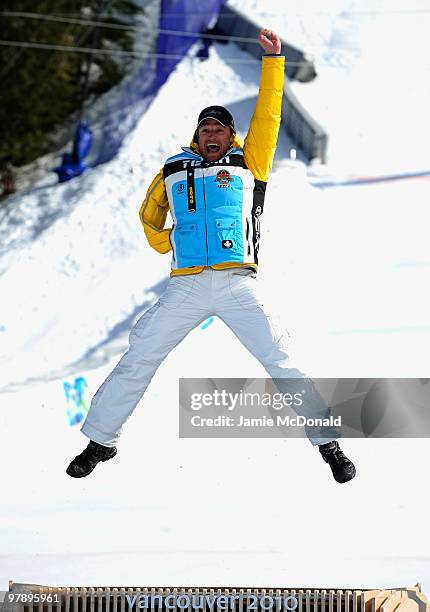 Gold medalist Gerd Schonfelder of Germany celebrates at the medal ceremony for the Men's Standing Super-G during Day 8 of the 2010 Vancouver Winter...