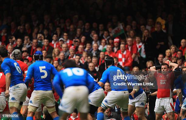Matthew Rees of Wales prepares to throw into the lineout during the RBS Six Nations Championship between Wales and Italy at Millennium Stadium on...