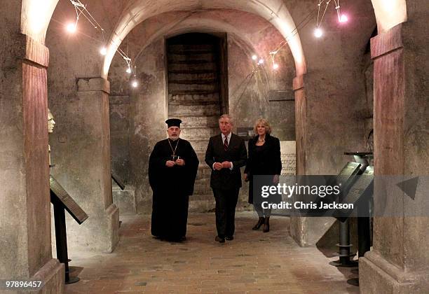 Prince Charles, Prince of Wales and Camilla, Duchess of Cornwall visit the crypt of the Orthodox Cathederal of Saints Cyril and Methodius on March...